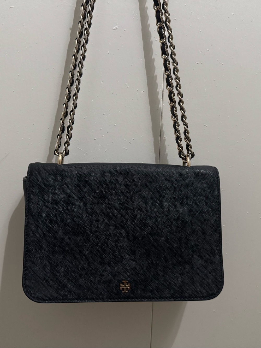Tory Burch Black Leather Crossbody with Gold Chain